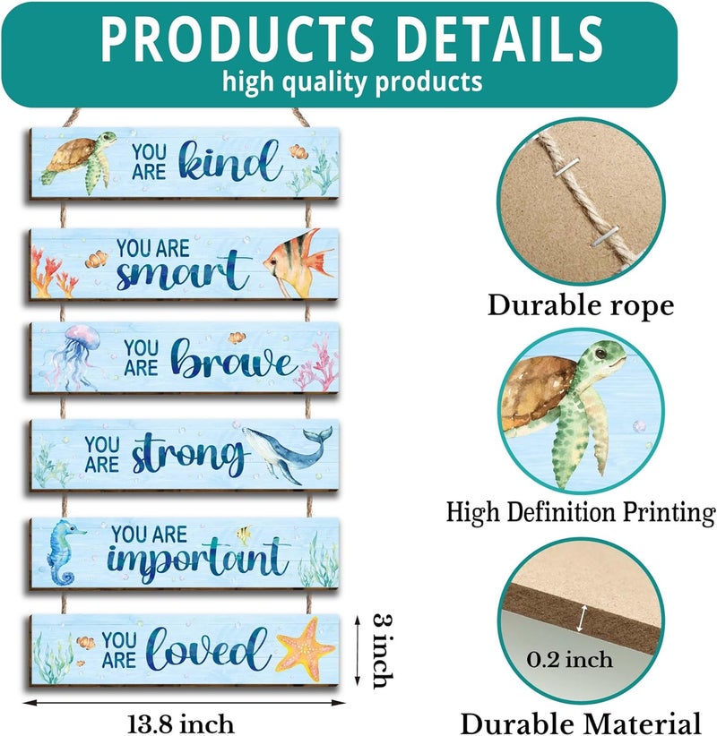 Kadiak 6 Pcs Ocean Decor Kids Room Placards of Wood Decor, Watercolor Ocean Inspirational Positive Quotes Works of art of Wood Wall Art Hanging Sign for Teens Children Bedroom Princess Toddler Room - Image 2